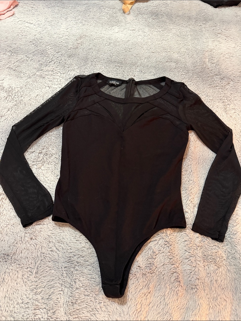 bebe Black Long Sleeve Mesh Accent Bodysuit